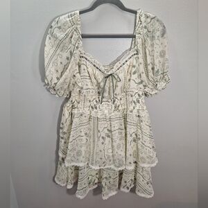 Francesca's Sage Green & Ivory Babydoll Tiered Mini Dress Fairy Boho Large